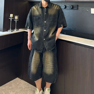 AIDASE  -  American Style Men's Denim Shirt Set 2025 Summer New Washed Short Sleeve shirts Cool Casual Shorts Trend two-piece 21E6467 aidase-shop